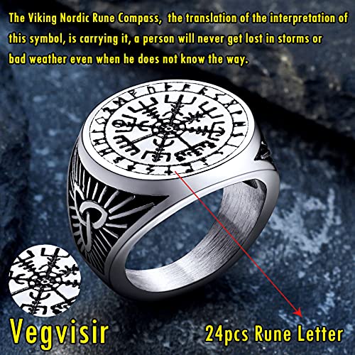 Anillo Compás Brújula Vikingo Acero Inoxidable 316L de Hombres Mujeres Joyería Retro Símbolo Vikingo Escandinavo Anillo Plateado Talla 8 Joyería Vintage de Dedos Anillo Sello Circular Hip Hop