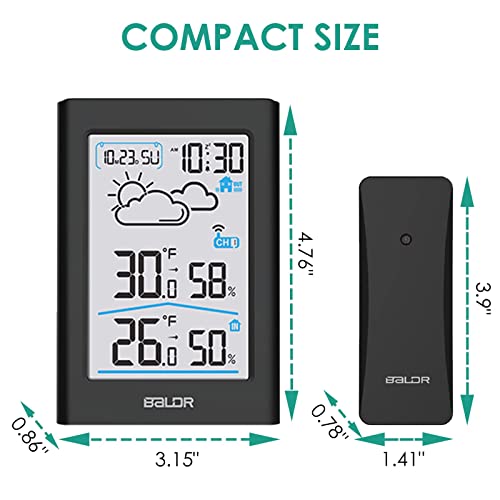 BALDR Estación meteorológica inalámbrica con sensor exterior, termómetro digital, higrómetro interior y exterior, termómetro de habitación, hidrómetro, humedad con previsión meteorológica (Negro)
