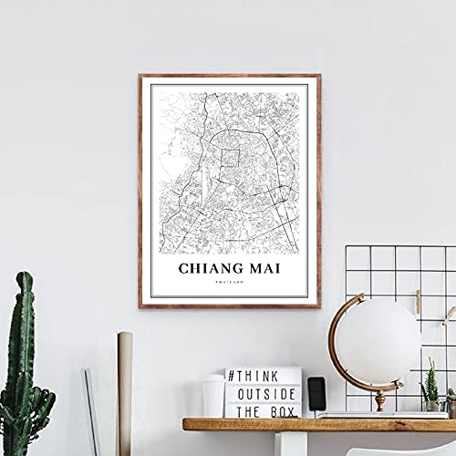 Bangkok Map Posters and Prints, Tailandia Travel City Map Canvas Painting Modern Chiang Mai Map Picture Home Wall Decor 50x70cm-2Pieces Frameless