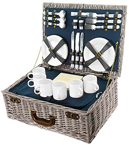 BEM - Cesta de picnic - Cesta de mimbre - Vajilla de camping para 6 personas - Cesta de picnic niños 6 personas - con bolsa de frío - Juego de picnic para camping al aire libre