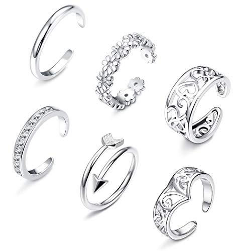 Besteel 6 Pcs Conjunto Anillos Dedo del Pie Anillos para Mujer Niña Flor Margarita Ondulación Kink Anillos de Apertura Ajustable pie Joyería Regalos (Plata)