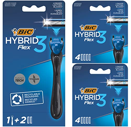 BIC RAZORS Hybrid 3 Flex - Kit De Maquinilla Para Hombre Recargable, Mango Plástico Reciclado, Recambios De 3 Hojas, Banda Lubricante - Caja De 1+, 10 Unidad