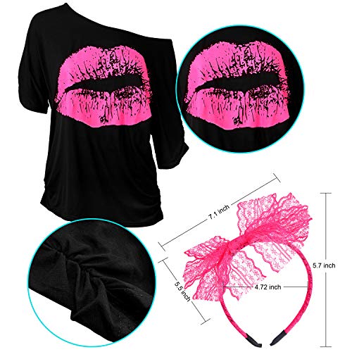 Blulu De Las Mujeres 80s Conjunto de Accesorios de Vestuario, Camiseta con Estampado de Labios Diadema de Encaje Pendientes Collar Pulsera para Fiesta Temática de Ldos 80 (XXXL)