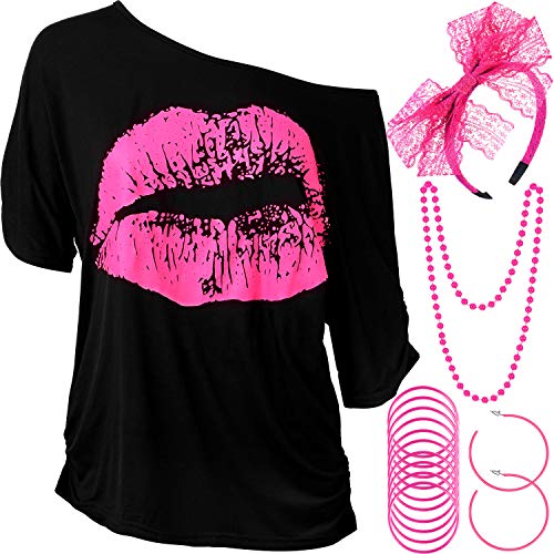 Blulu De Las Mujeres 80s Conjunto de Accesorios de Vestuario, Camiseta con Estampado de Labios Diadema de Encaje Pendientes Collar Pulsera para Fiesta Temática de Ldos 80 (XXXL)