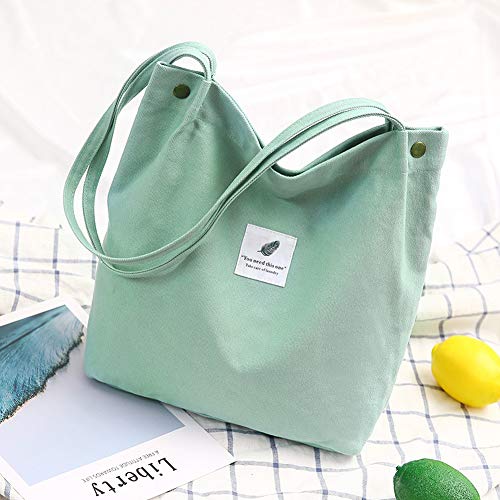 Bolsa de algodón, Bolsa de Compra Canva, Bolsos de hombro Durable, Bolsa de Transporte con Bolsillo Interior y Cremallera ,Bolsa de Playa Casual Chic Tote Bag Ideal para Uso Diario y Viajes (verde)