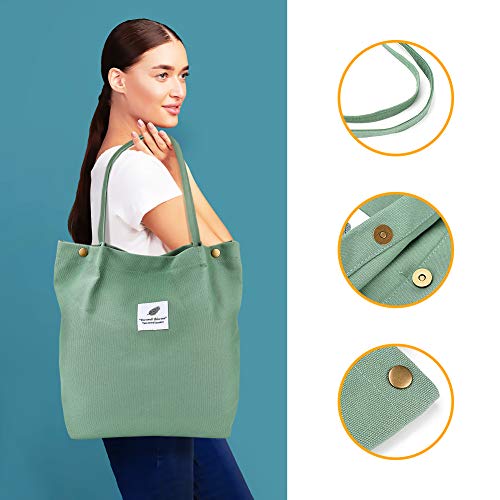 Bolsa de algodón, Bolsa de Compra Canva, Bolsos de hombro Durable, Bolsa de Transporte con Bolsillo Interior y Cremallera ,Bolsa de Playa Casual Chic Tote Bag Ideal para Uso Diario y Viajes (verde)