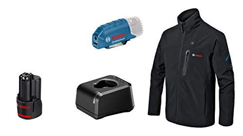 Bosch Professional GHJ 12+18V XA - Chaqueta calefactable a batería (Softshell, negra, talla S, 1 batería 12V x 2.0 Ah)