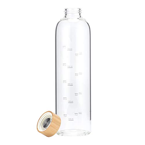 Botella de Agua Cristal 1 Litro con Marcador de Tiempo Funda y Tapa de Bambú Reutilizable para Deportes, Gimnasio, viajes, sin Bpa (Gris)