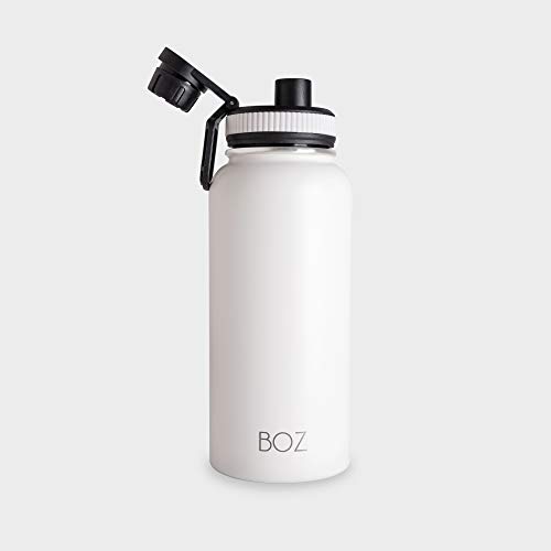 BOZ Botella de agua de acero inoxidable XL – Blanco marfil (1 L / 32 onzas) boca ancha, libre de BPA, doble pared aislada al vacío, botellas de agua de metal de 1 litro de 1 litro