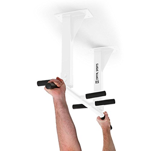 Capital Sports Tyro s4 - Barra dominadas, Dominadas con carga máx 350 kg, Barra de dominadas de pared con estructura de acero, 3 grupos de asas, Entrenamiento eficiente, tacos incluidos, Blanco