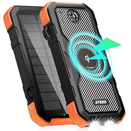 Cargador Solar Inalámbrico de 30.000 mAh, Cargador Solar de 18 W Salida,Carga Rápida Portátil Qi de 10 W con Lámpara LED, Brújula, Resistencia Al Agua IPX6 para Smartphones, Tabletas.