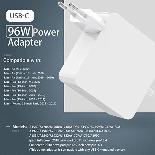 Cargador USB C, 96W USB C Adaptador para Mac Book Pro, Cargador Tipo C de 96W Reemplazo para 87W, 61W, 29W Incluye Cable USB C Compatible con Mac Book Air/Pro/Retina, iPad Pro, iPhone, Huawei, Samsung