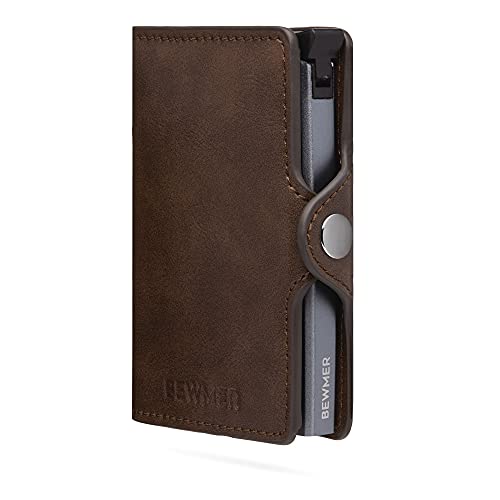 Cartera Tarjetero BEWMER 1 para Hombre y Mujer | Billetera Pequeña Porta Tarjetas con Protección RFID y Pinza para Billetes de Fibra de Carbono (Marrón)