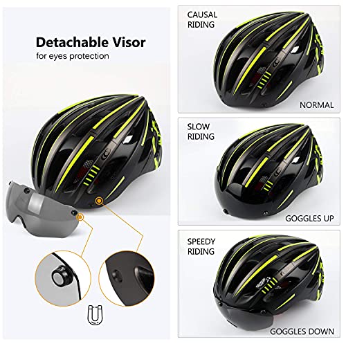 Casco Bicicleta Adulto, KINGLEAD Casco Bici Certificado CE con Luz Recargable USB Visera Protectora UV Magnética Desmontable Pegatina Luminosa Casco Bicicleta Mujer Hombre Carretera Montaña (KL-049)