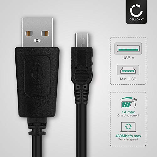 CELLONIC® Cable de Datos 1m Compatible con Garmin Edge, Drive, DriveAssist, DriveSmart, Nüvi, Oregon, eTrex, GPSMAP Cable Cargador Mini USB a USB A 2.0 1A Negro conexión USB PVC