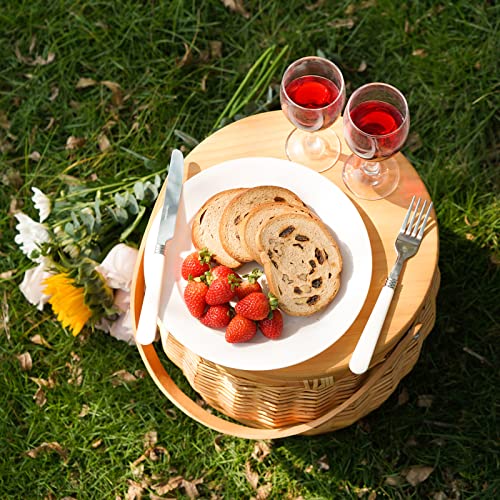 Cesta de Picnic Redonda con Tapa extraíble para Tabla de Queso, Asas de Madera, Cesta de Mimbre con Aislamiento Interior con Cierre de Cremallera, Picnic, Camping o Cualquier