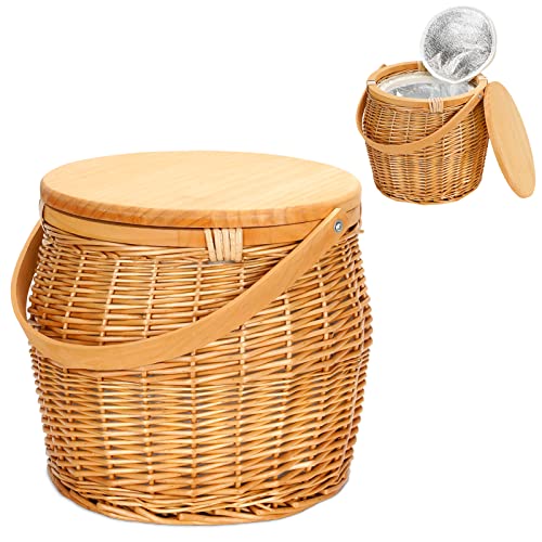 Cesta de Picnic Redonda con Tapa extraíble para Tabla de Queso, Asas de Madera, Cesta de Mimbre con Aislamiento Interior con Cierre de Cremallera, Picnic, Camping o Cualquier