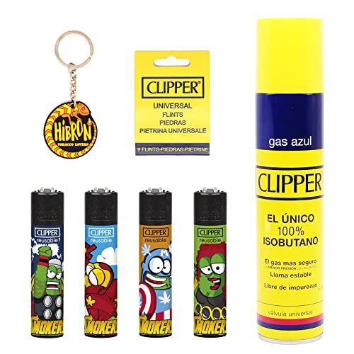 Clipper 4 Mecheros Encendedores Diversos Surtidos Bonitos Baratos,1 Carga Gas Encendedor Clipper 300 Ml,9uds De Piedra Clipper Y 1 Llavero Hibron Gratis 1-10003-9