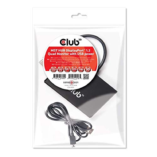 CLUB3D Multi Stream Transport Hub DisplayPort 1.2 Quad Monitor USB Powered - Splitter de vídeo (DisplayPort, 0,13 m, 1920 x 1080 Pixeles, 60 Hz, Negro, EMI CE, FCC, WEEE, ROHs)