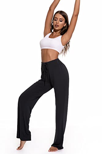 CMTOP Pantalones de Yoga Pilates para Mujer Modal Alta Cintura Elásticos Pierna Ancha Pantalones de Entrenamiento con cordón Casuales Chandal Deportivo para Yoga Jogger Fitness(Negro,L)