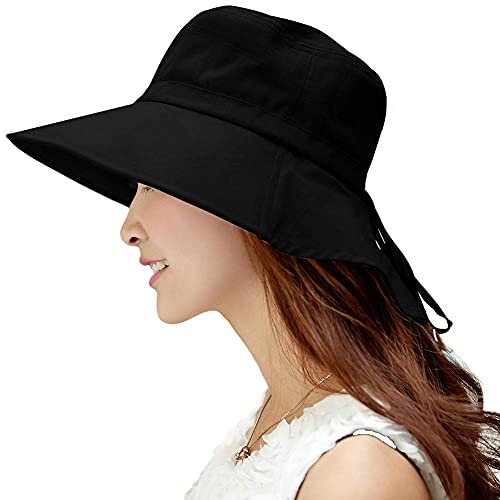 Comhats - Sombrero de verano para mujer, UPF 50, con ala ancha que protege hasta el cuello y correa de barbilla Negro 1005_Negro M