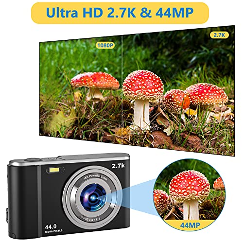 Compactas Cámaras Digitales, 2.7K UHD Camara Compacta, Vlogging 44MP Camara de Video, Camara de Fotos con Pantalla de 2,8" y Zoom 16x y 2 baterías, Camara Digital para niños/Adultos/Mayores (Black)