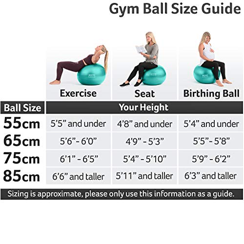 CORE BALANCE, Pelota de Pilates, Fitness, Yoga, Embarazo, Fitball para Ejercicios Gimnasia - Muy Resistente – Tamaño 55cm 65cm 75cm 85cm - Hinchador Incluido