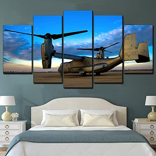 Cuadro en Lienzo 150x80cm Avión V 22 Osprey 5 Piezas Cuadros Decoracion Salon Modernos Dormitorio Impresión Pintura Moderna Arte Enmarcado