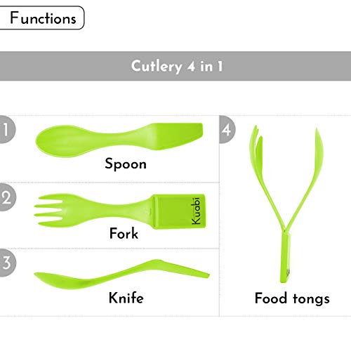 Cubiertos para Llevar Kit 4 en 1 Set 3 uds Cubiertos Camping Tenedor Cuchara Cuchillo y Pinza Cocina plastico sin BPA Verde