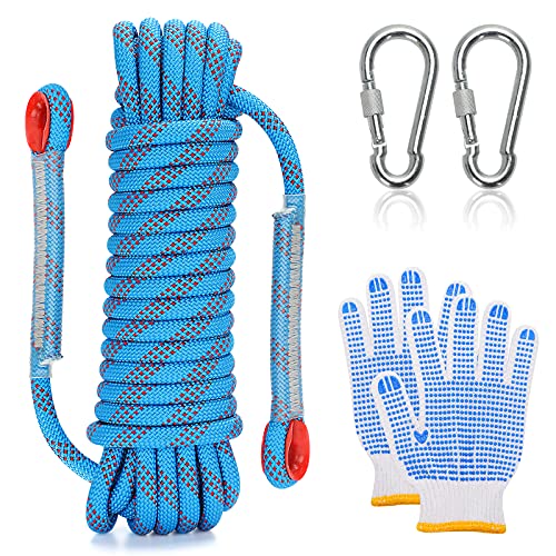 Cuerda de Escalada 10 mm - 10 m de Longitud, Cuerda de Seguridad con Mosquetón, Cuerda Auxiliar Adecuada para Ejercicios de Seguridad, Expediciones de Montaña, Escalada Interiores (Azul)