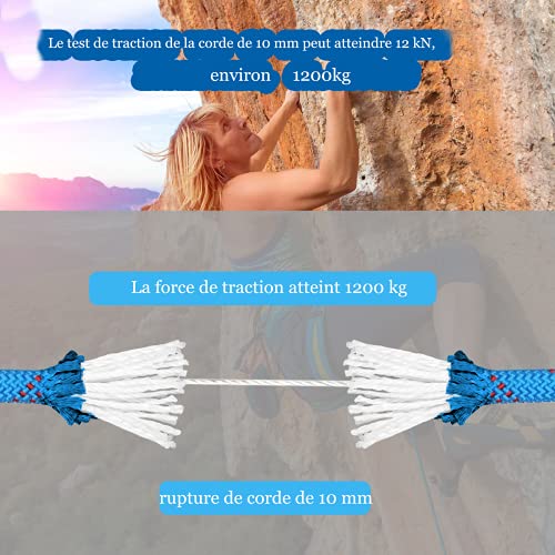 Cuerda de Escalada 10 mm - 10 m de Longitud, Cuerda de Seguridad con Mosquetón, Cuerda Auxiliar Adecuada para Ejercicios de Seguridad, Expediciones de Montaña, Escalada Interiores (Azul)