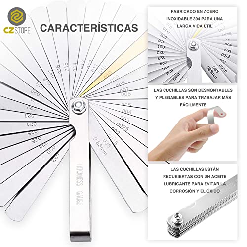 CZ Store Juego de Galgas de Espesores |Set de 32|✮✮GARANTÍA DE POR VIDA✮✮- Calibrador Fijo de Acero Inoxidable para Motores, Herramienta Plegable - Medir Grosor Entre Amortiguadores, Etc