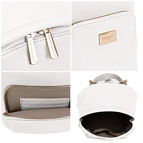 David Jones - Bolso Mochila Mujer Pequeña - Morral Cuero Piel PU Suave - Backpack Daypack Casual Mini Señora Niña - Bolsos de Mano Hombro Viaje Escolar Universidad Colegio Ocio Elegante Moda - Blanco