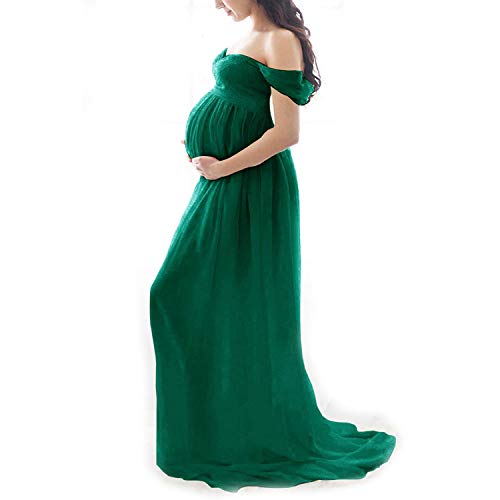 Daysskk Vestido de maternidad para sesión de fotos vestido de gasa fuera del hombro embarazo sesión de fotos vestido fluido, verde, M