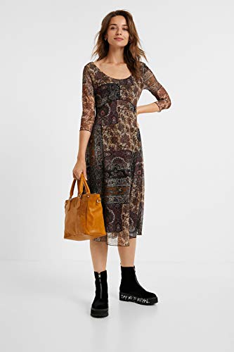 Desigual Vest_Kerala Vestido Casual de Tres Cuartos, marrón/Negro con Adornos, L para Mujer