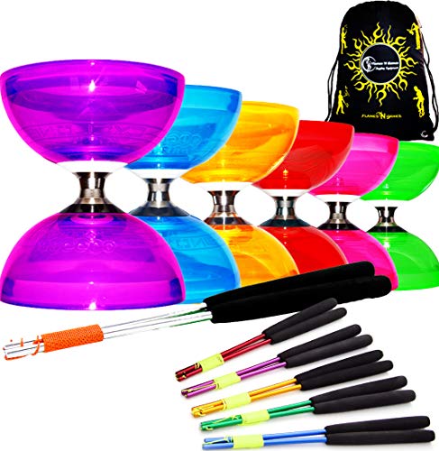 Diabolo - Set de ciclomotor de cuarzo II (6 colores) – Pro triple rodamientos Diabolo + varillas de aluminio y cordel + Flames N Games bolsa de transporte (morado)