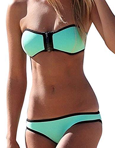 Diseño de calidad sujetador acolchado de neopreno con cierre de cremallera Bikini verde y negro 38-40