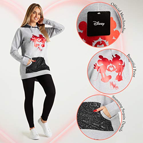 Disney Sudaderas Mujer, Sudadera Mujer con Capucha de Minnie y Mickey Mouse y Lentejuelas, Merchandising Oficial Regalos para Mujer y Adolescente Talla S-XL (Gris, M)