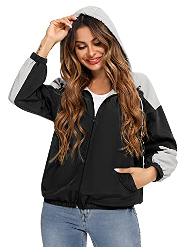 Doaraha Cortavientos Mujer, Abrigo Impermeable Mujer, Chaqueta Impermeable Cortavientos con Capucha Mujer, Chubasquero Mujer Deportivo Ligero, Chaqueta Impermeable Secado Rápido, Negro y Gris, S