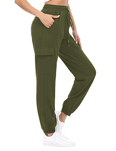 Doaraha Pantalones Deportivos Mujer Algodón Pantalón de Chándal Largo Elásticos Transpirables con Bolsillos Laterales para Deporte Gimnasio Fitness Correr (Ejercito Verde, L)