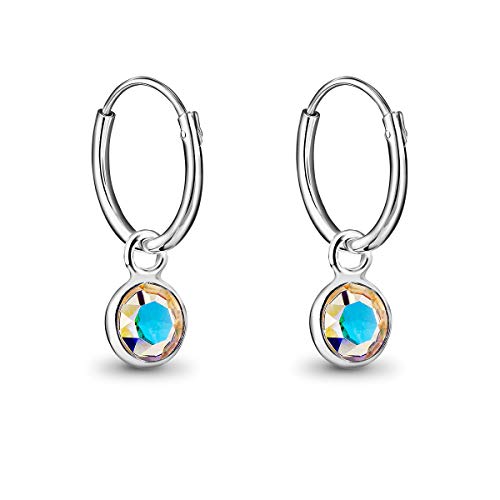 DTPsilver® Pendientes de Aro Pequeños con colgante de Cristal Swarovski® Elements Forma Redonda - Plata de Ley 925 - Espesor 1.2 mm - Diámetro 12 mm - Color: Aurora Boreale