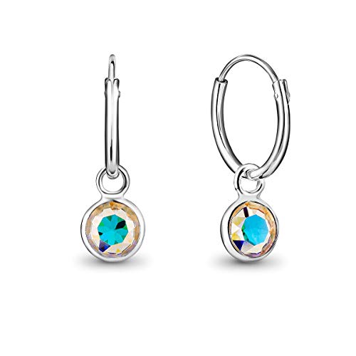 DTPsilver® Pendientes de Aro Pequeños con colgante de Cristal Swarovski® Elements Forma Redonda - Plata de Ley 925 - Espesor 1.2 mm - Diámetro 12 mm - Color: Aurora Boreale