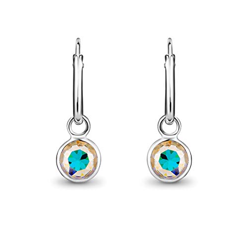 DTPsilver® Pendientes de Aro Pequeños con colgante de Cristal Swarovski® Elements Forma Redonda - Plata de Ley 925 - Espesor 1.5 mm - Diámetro 14 mm - Color: Aurora Boreale