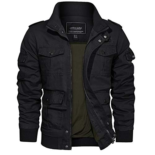 EKLENTSON Chaqueta Otoño Hombre Cortavientos Casual Militar Chaqueta Bolsillo Cremallera Bomber Chaqueta Abrigos, Negro, S