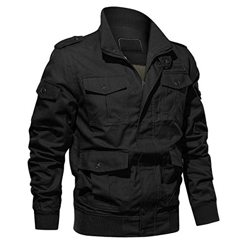 EKLENTSON Chaqueta Otoño Hombre Cortavientos Casual Militar Chaqueta Bolsillo Cremallera Bomber Chaqueta Abrigos, Negro, S