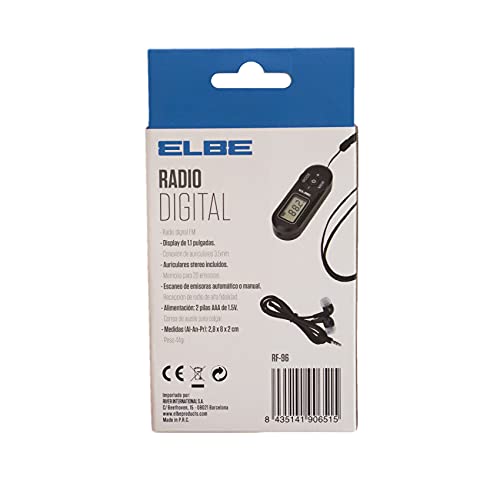 Elbe RF-96 Radio de Bolsillo Digital FM, Búsqueda automática o Manual de emisoras, Auriculares Stereo incluidos, Dispone de Correa para Colgar al Cuello, Negro