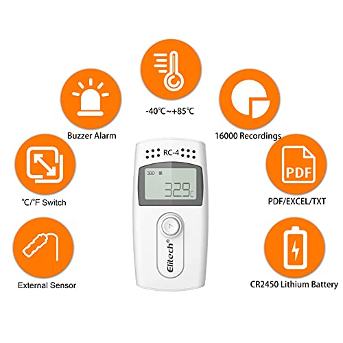 Elitech RC-4 Data Logger de Temperatura Registrador de Datos de Temperatura, Pantalla LCD, con USB Registrador de Datos Grabador de 16000 puntos, con Sensor Interior