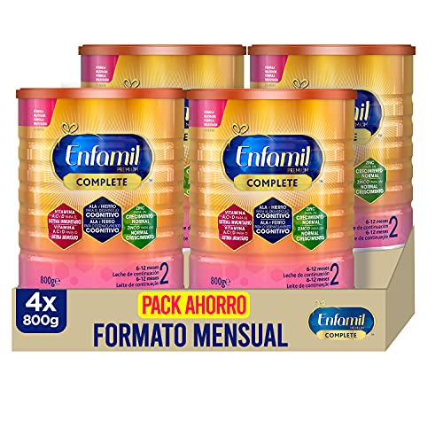 Enfamil Complete 2 - Fórmula leche infantil de continuación para lactantes bebés de 6 a 12 meses - Pack mensual de 4 latas x 800 gr