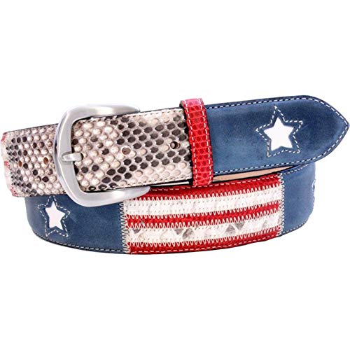 ESPERANTO Cinturón en piel de pitón o piel unisex de 4 cm - bandera americana en 2 variantes (Gamuza y pitón, TAMANO 46-MISURA TOTAL 115 CM-CONEXION 100 CM)