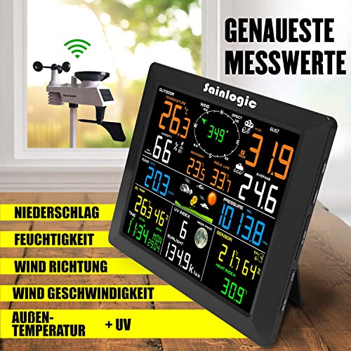 Estación meteorológica Sainlogic profi WLAN, estación meteorológica inteligente de Internet WiFi con pantalla grande a color de 8 pulgadas, alarma sincronizada, sensores para exteriores